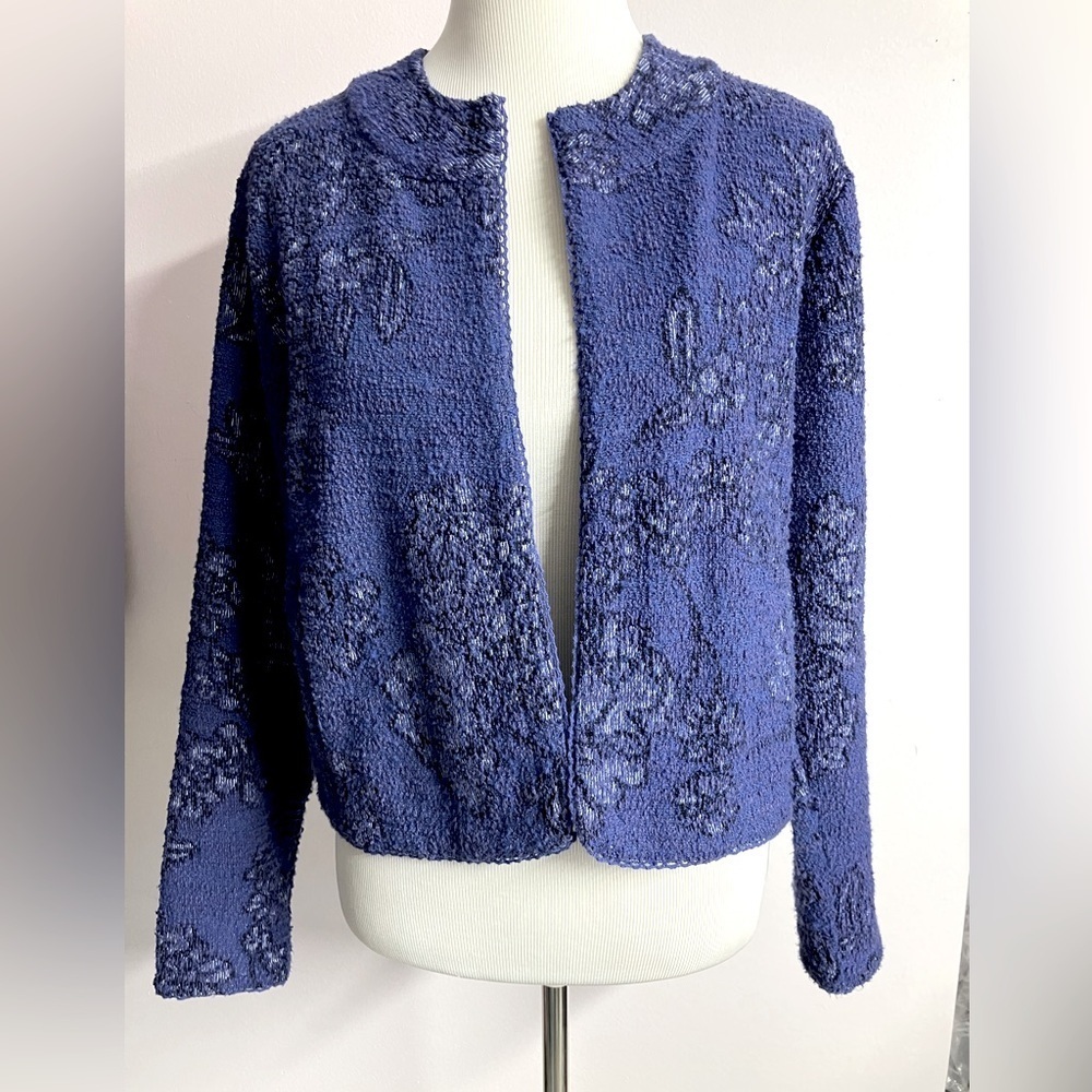 Sahalie Women’s Tapestry Sweater, Large, Blue, Floral, Open Front